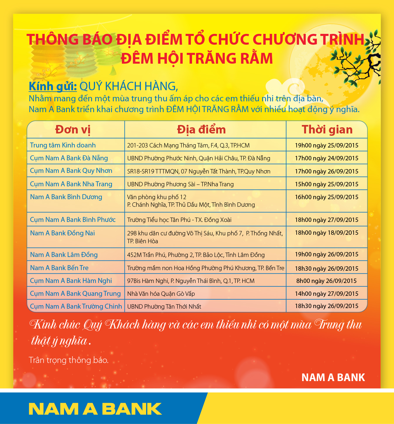 Nam A Bank tổ chức chương trình Đêm hội Trăng rằm cho các em thiếu nhi