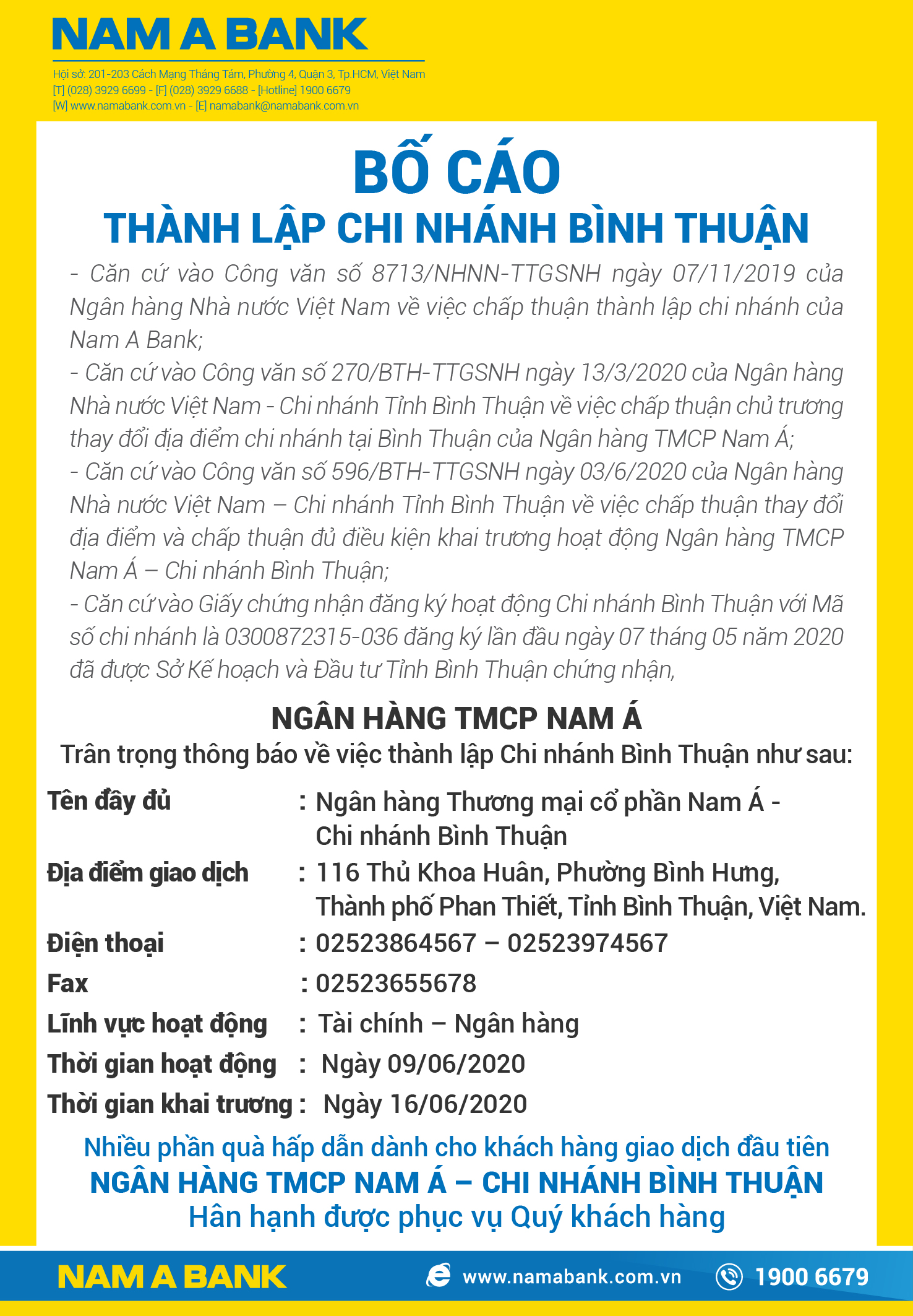 BỐ CÁO THÀNH LẬP CHI NHÁNH BÌNH THUẬN