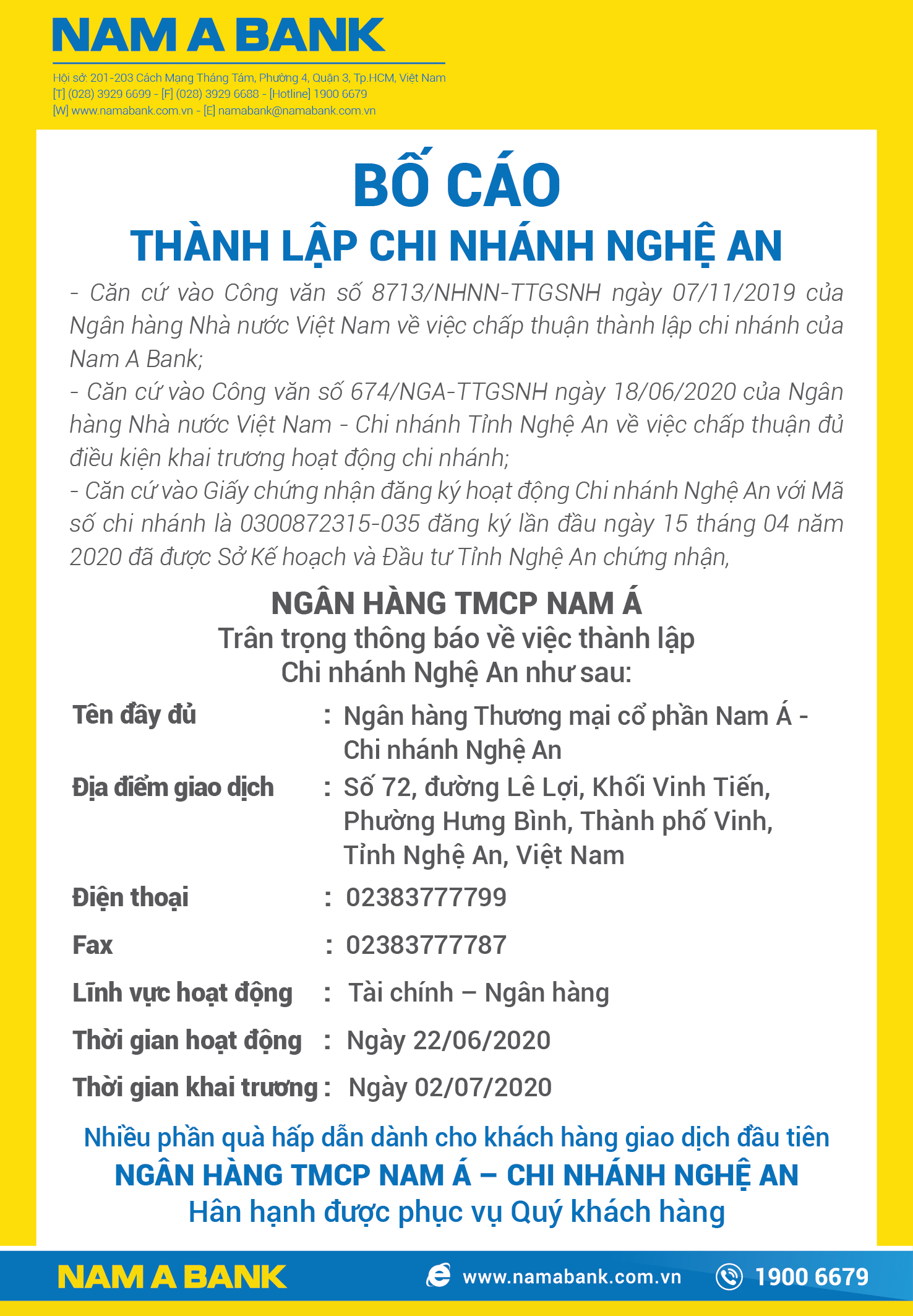 BỐ CÁO THÀNH LẬP CHI NHÁNH NGHỆ AN