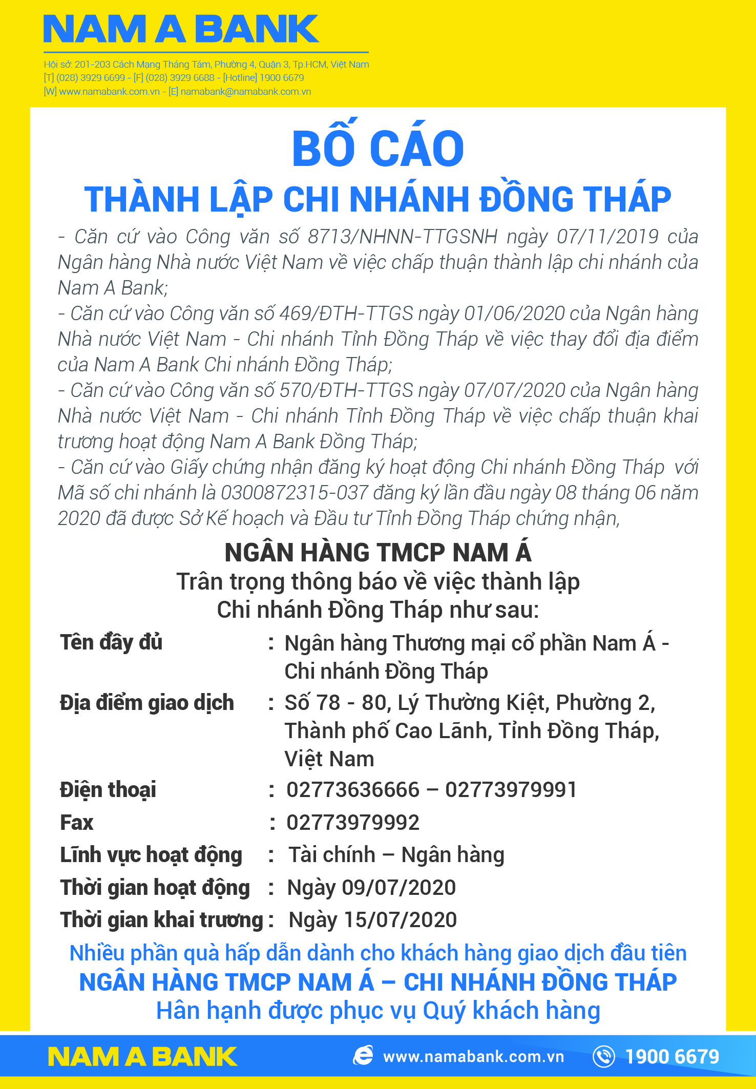 BỐ CÁO THÀNH LẬP CHI NHÁNH ĐỒNG THÁP