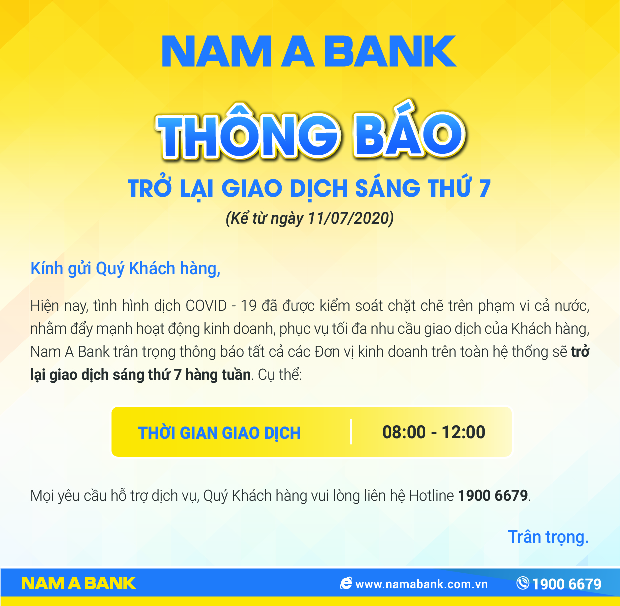 NAM A BANK THÔNG BÁO TRỞ LẠI GIAO DỊCH SÁNG THỨ 7