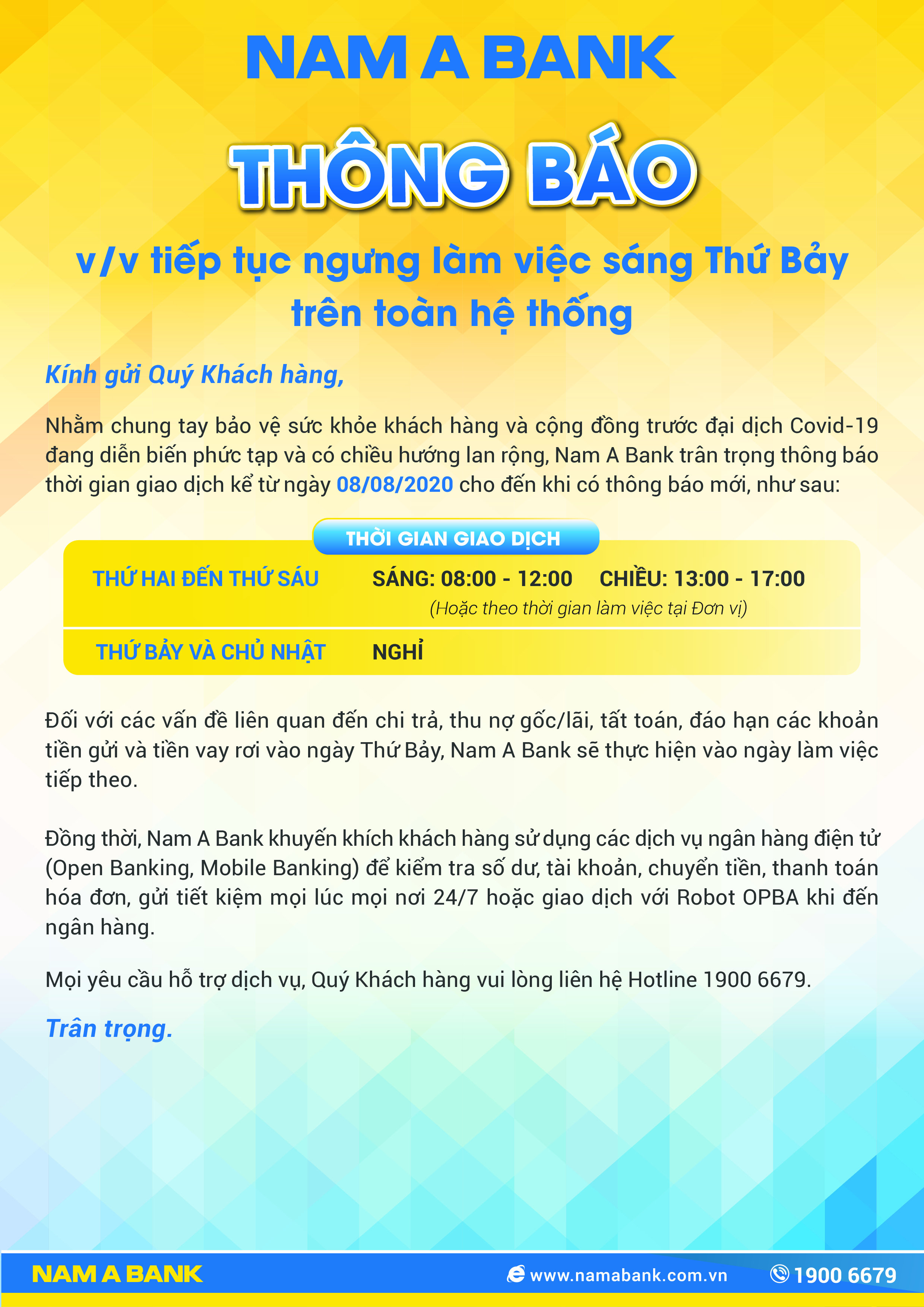 THÔNG BÁO VỀ VIỆC TIẾP TỤC NGƯNG LÀM VIỆC SÁNG THỨ BẢY TRÊN TOÀN HỆ THỐNG