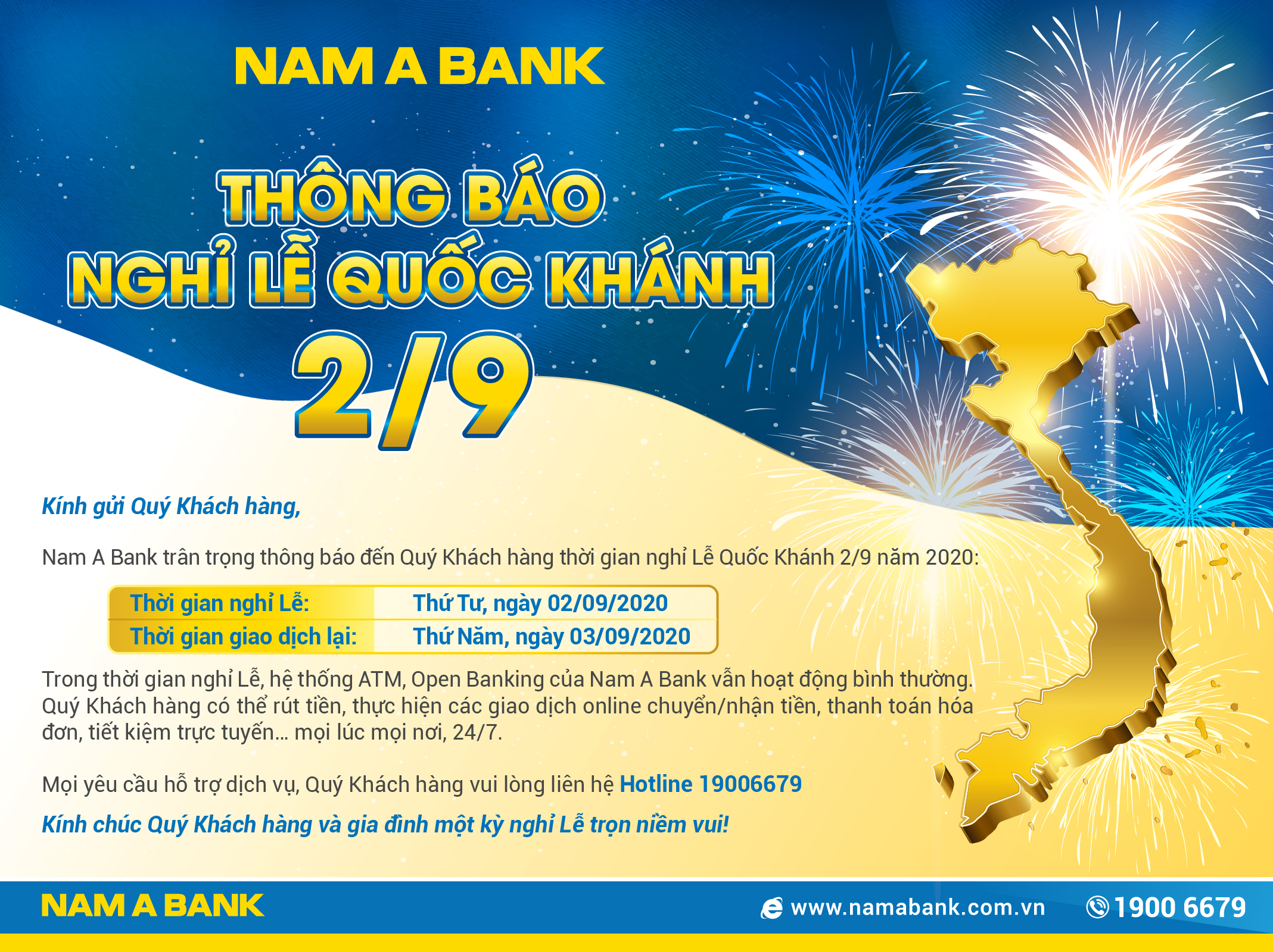NAM A BANK THÔNG BÁO NGHỈ LỄ QUỐC KHÁNH 2/9