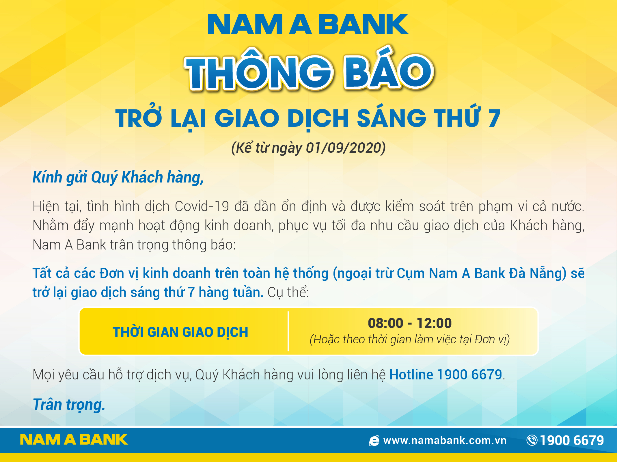 THÔNG BÁO TRỞ LẠI LÀM VIỆC SÁNG THỨ 7