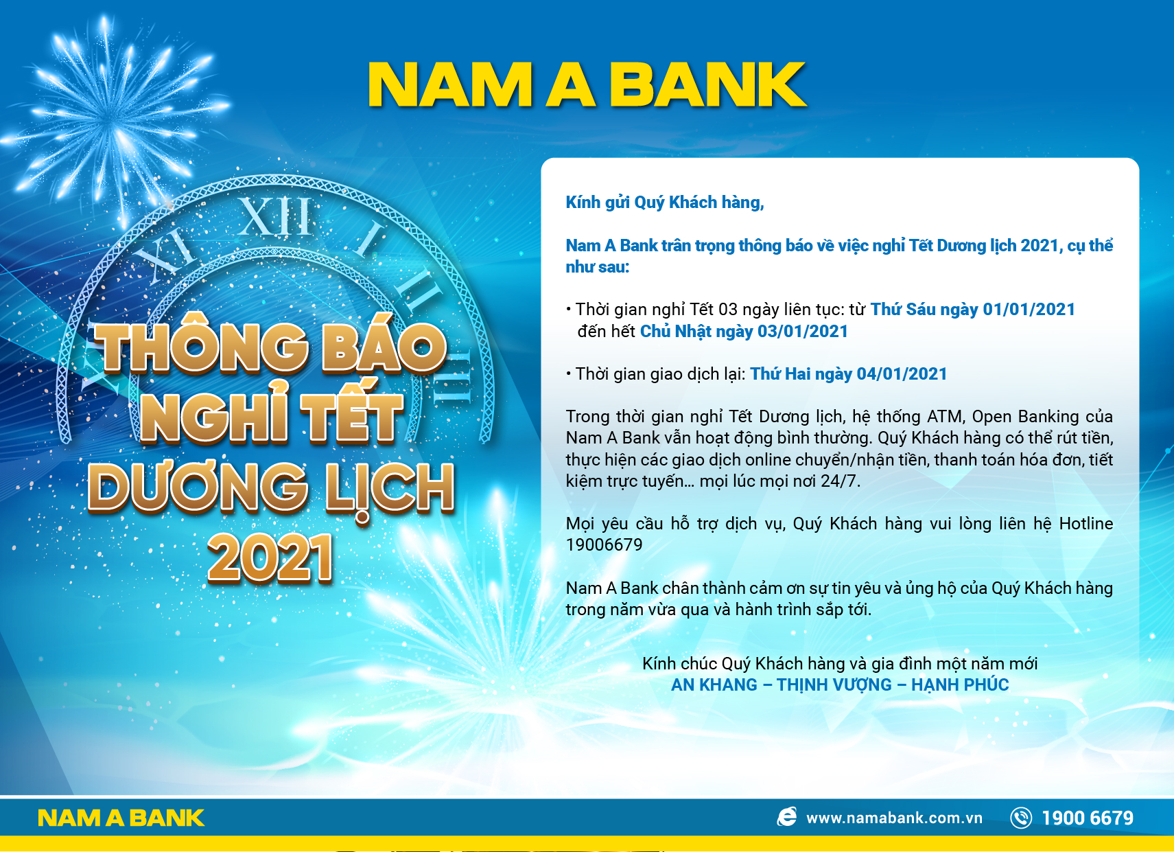 NAM A BANK THÔNG BÁO NGHỈ TẾT DƯƠNG LỊCH 2021