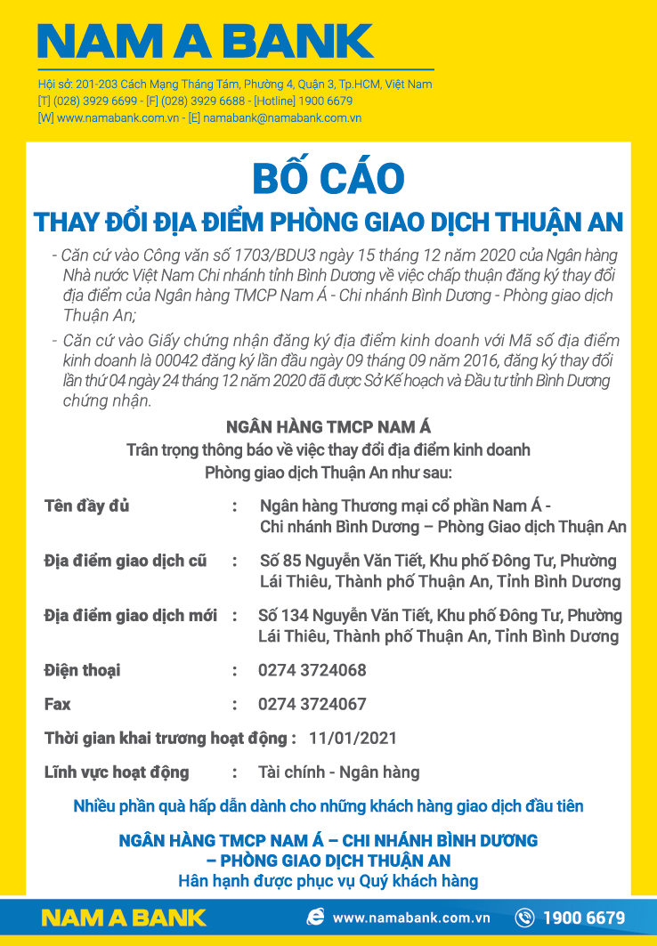 BỐ CÁO THAY ĐỔI ĐỊA ĐIỂM PHÒNG GIAO DỊCH THUẬN AN
