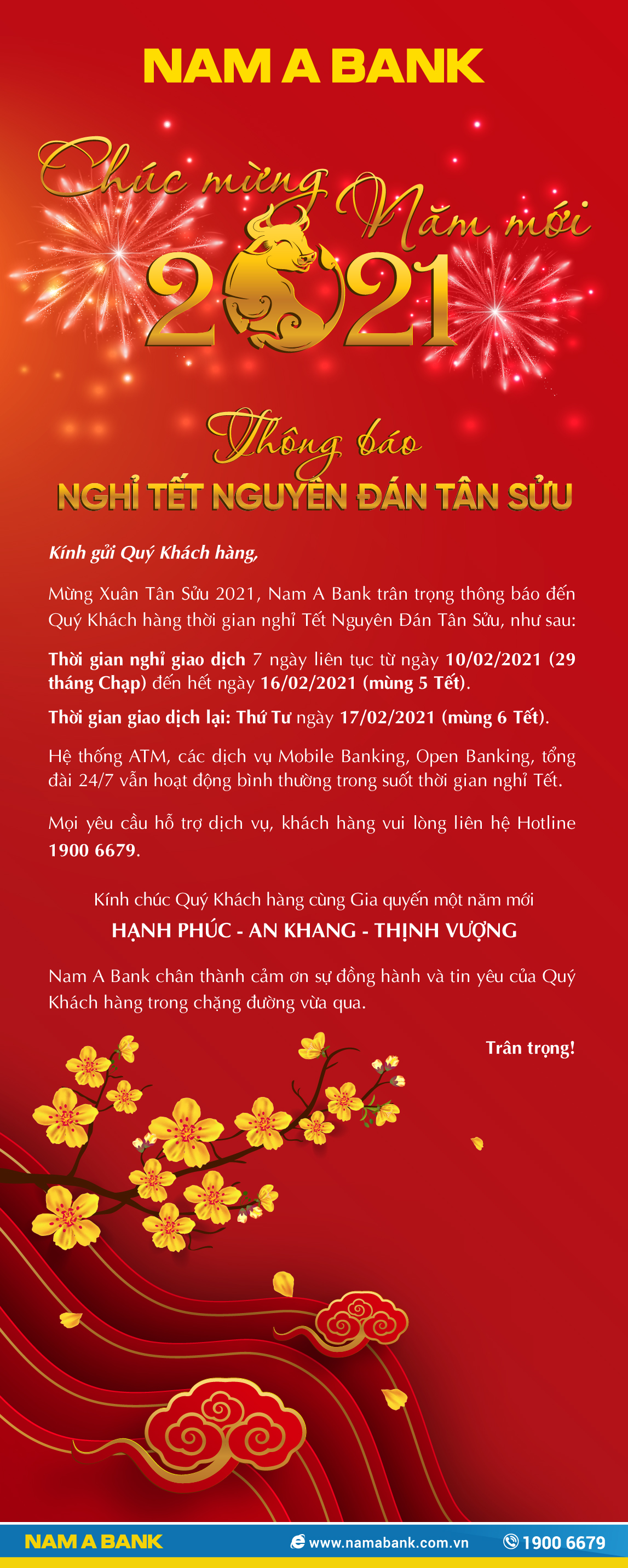 NAM A BANK THÔNG BÁO NGHỈ TẾT NGUYÊN ĐÁN TÂN SỬU