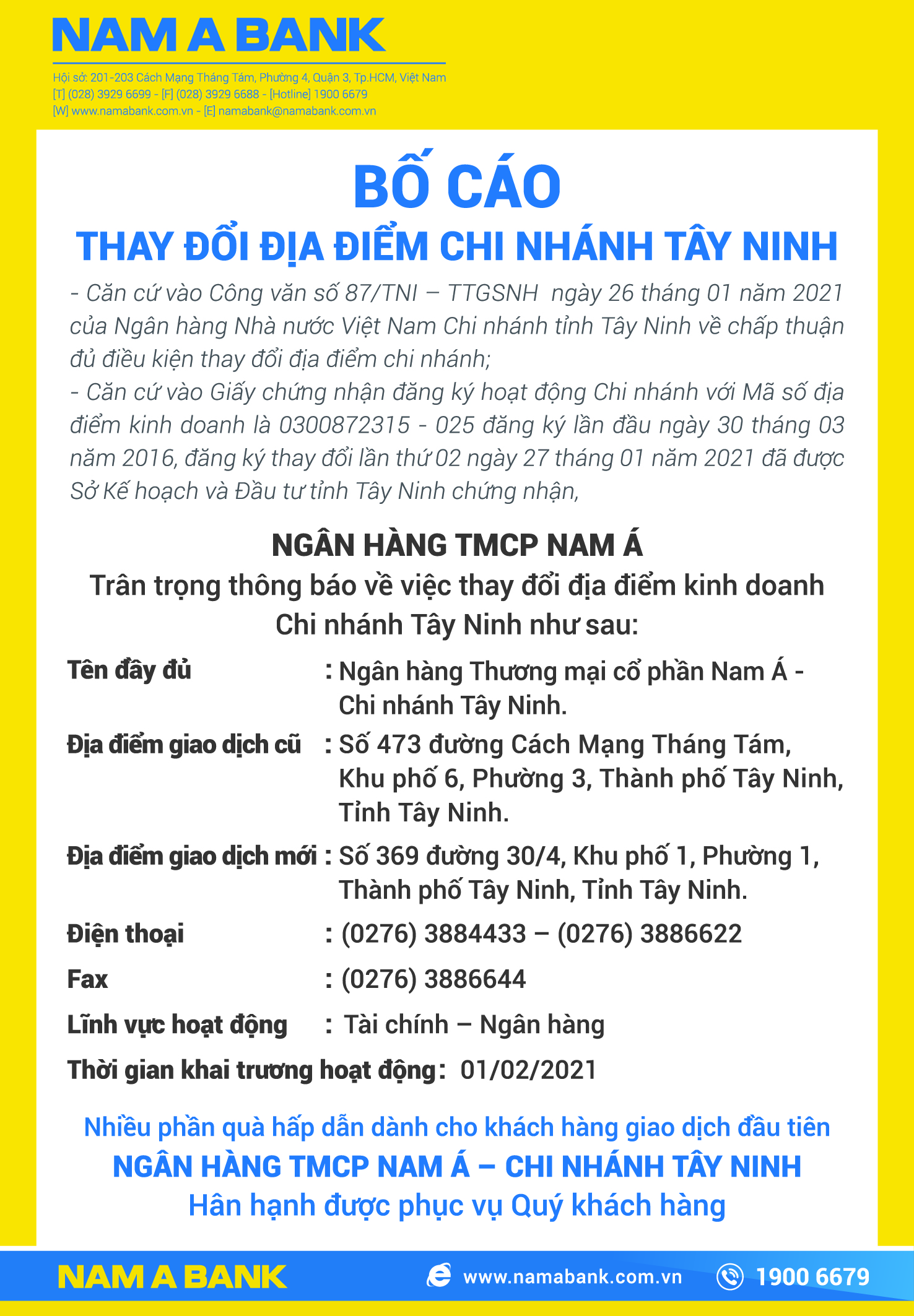 BỐ CÁO THAY ĐỔI ĐỊA ĐIỂM CHI NHÁNH TÂY NINH