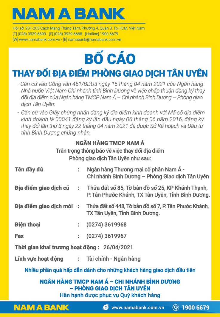 THÔNG BÁO THAY ĐỔI ĐỊA ĐIỂM PHÒNG GIAO DỊCH TÂN UYÊN