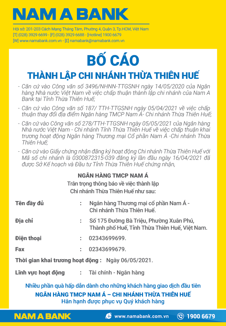 BỐ CÁO THÀNH LẬP CHI NHÁNH THỪA THIÊN HUẾ