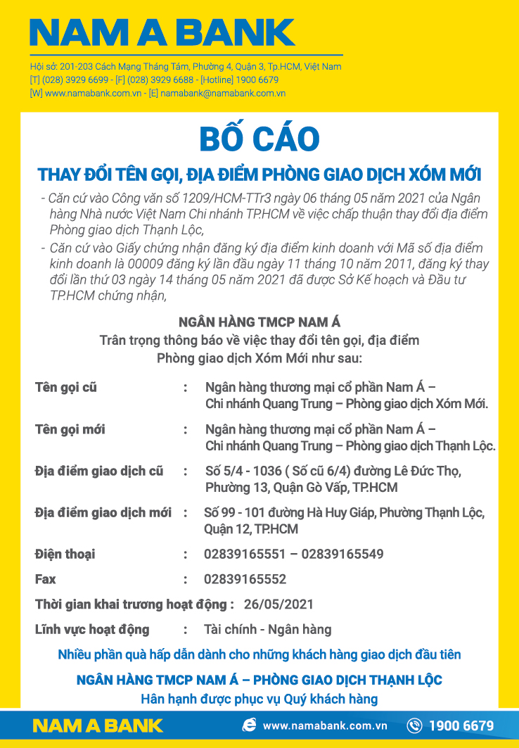 THÔNG BÁO THAY ĐỔI TÊN GỌI, ĐỊA ĐIỂM PHÒNG GIAO DỊCH XÓM MỚI