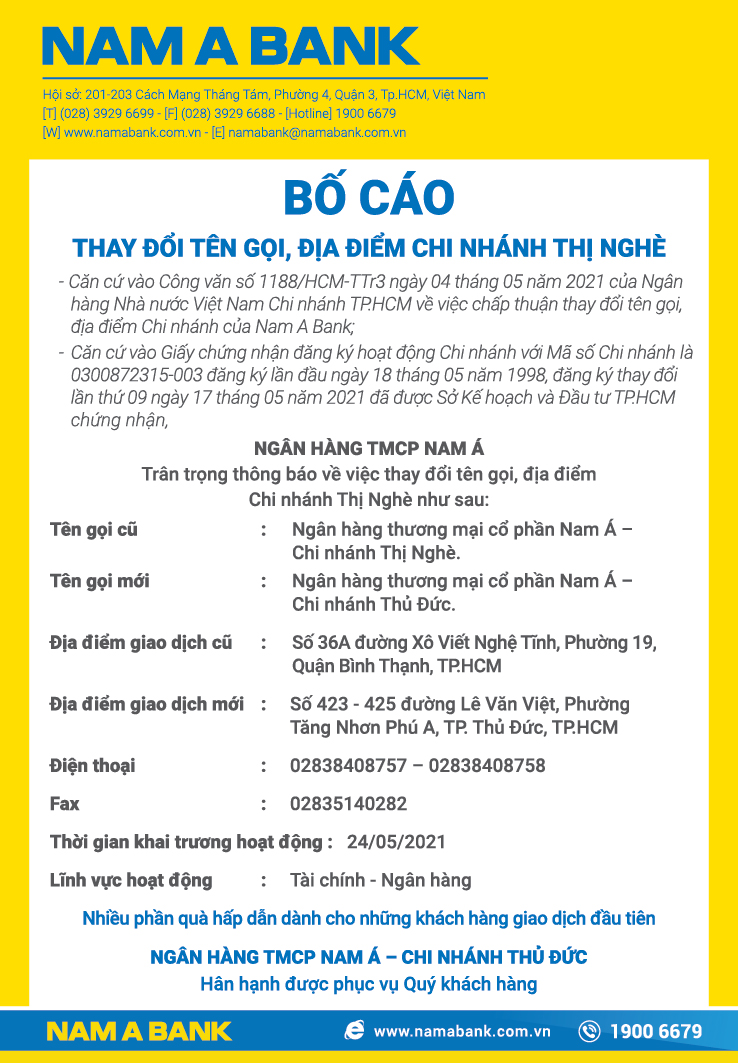 THÔNG BÁO THAY ĐỔI TÊN GỌI, ĐỊA ĐIỂM CHI NHÁNH THỊ NGHÈ