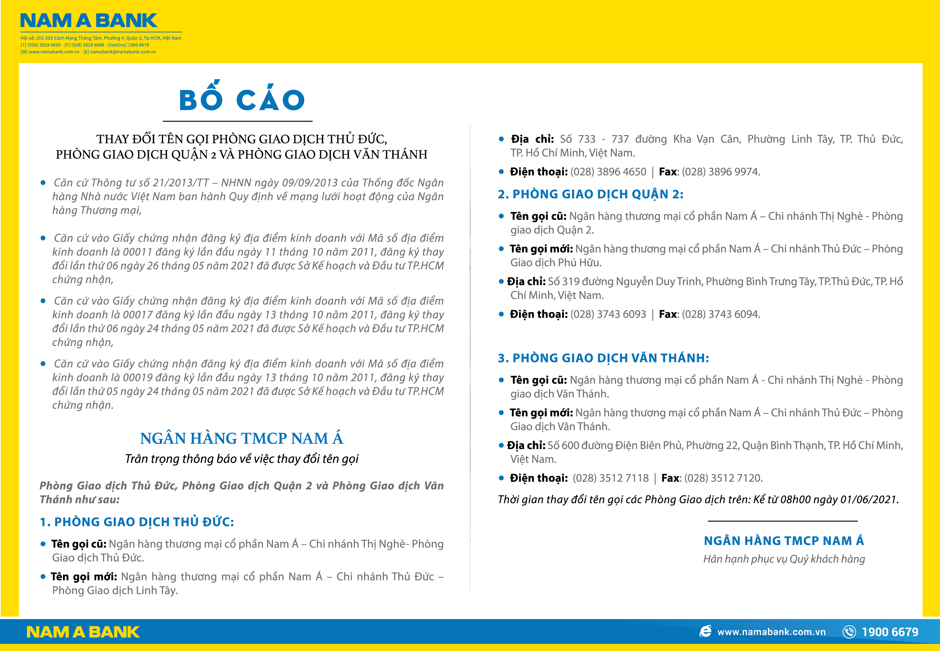 BỐ CÁO THAY ĐỔI TÊN GỌI PHÒNG GIAO DỊCH THỦ ĐỨC, PHÒNG GIAO DỊCH QUẬN 2 VÀ PHÒNG GIAO DỊCH VĂN THÁNH