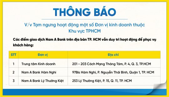 THÔNG BÁO TẠM NGƯNG HOẠT ĐỘNG MỘT SỐ ĐƠN VỊ KINH DOANH THUỘC KHU VỰC TP.HCM