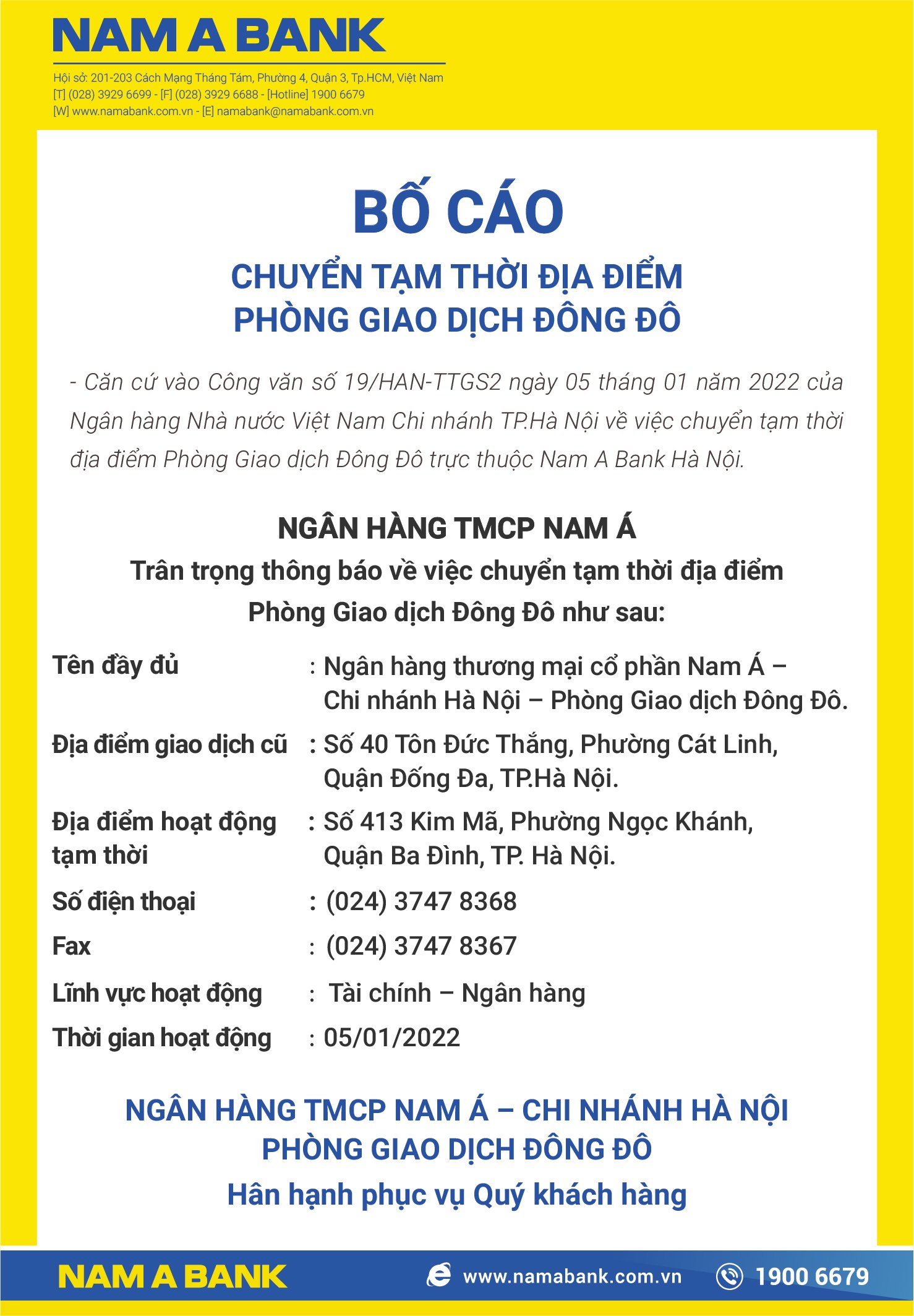 BỐ CÁO CHUYỂN TẠM THỜI ĐỊA ĐIỂM NAM A BANK ĐÔNG ĐÔ