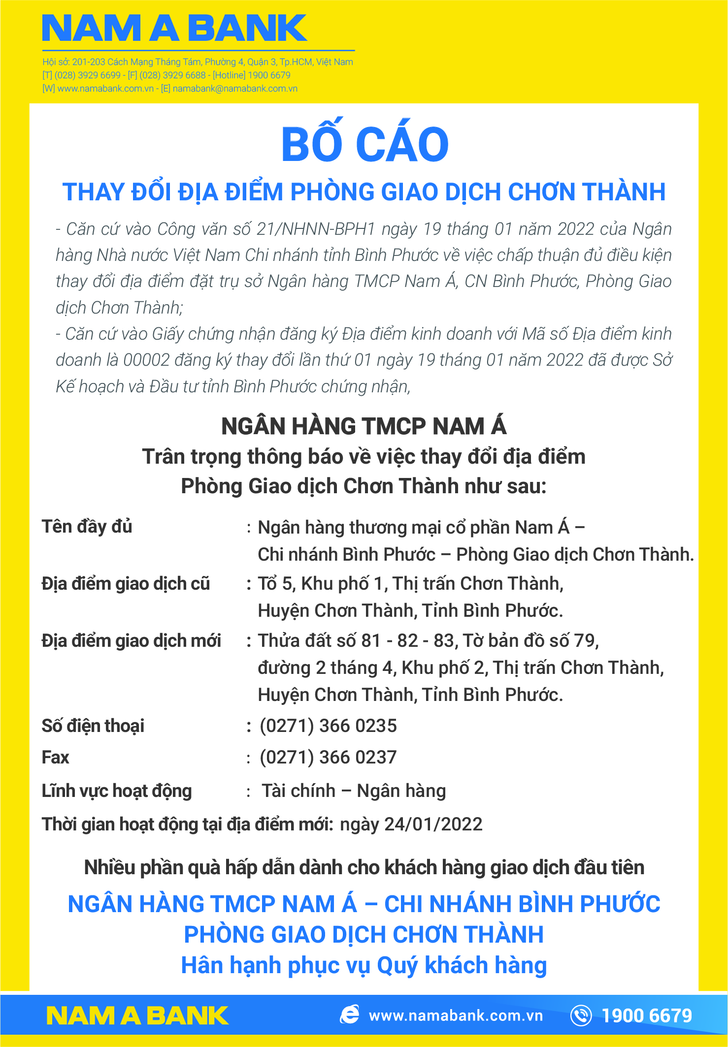 BỐ CÁO THAY ĐỔI ĐỊA ĐIỂM PHÒNG GIAO DỊCH CHƠN THÀNH