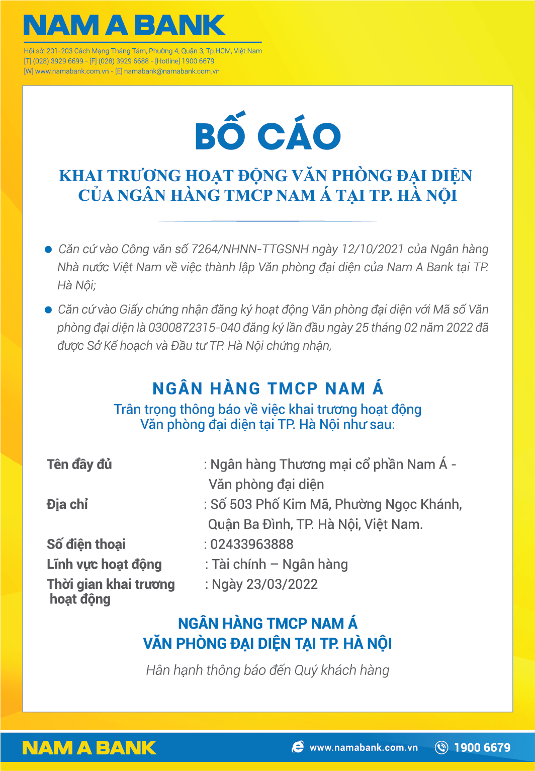 Bố Cáo Khai Trương Hoạt Động Văn Phòng Đại Diện Nam A Bank Tại TP. Hà Nội