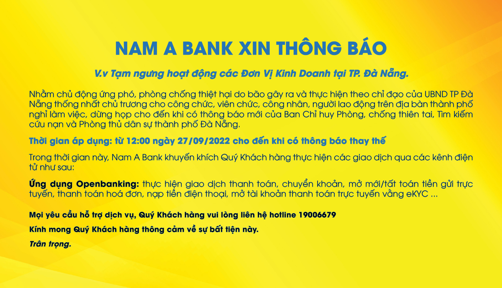 THÔNG BÁO TẠM NGƯNG GIAO DỊCH CÁC ĐƠN VỊ KINH DOANH TẠI TP. ĐÀ NẴNG