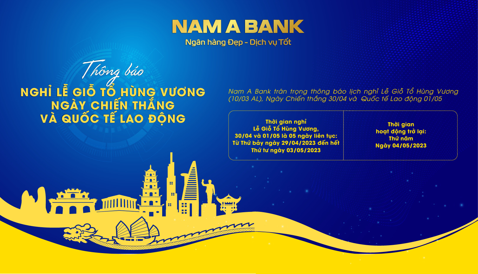 THÔNG BÁO LỊCH NGHỈ LỄ GIỖ TỔ HÙNG VƯƠNG NGÀY CHIẾN THẮNG VÀ QUỐC TẾ LAO ĐỘNG