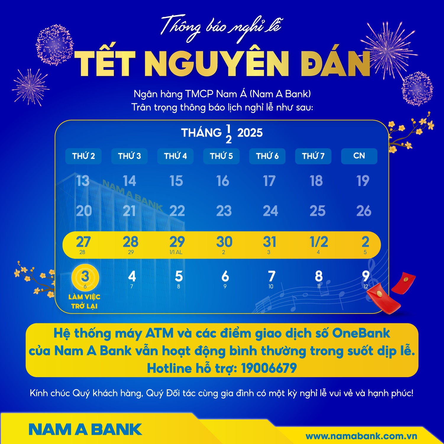NAM A BANK THÔNG BÁO NGHỈ TẾT NGUYÊN ĐÁN NĂM 2025