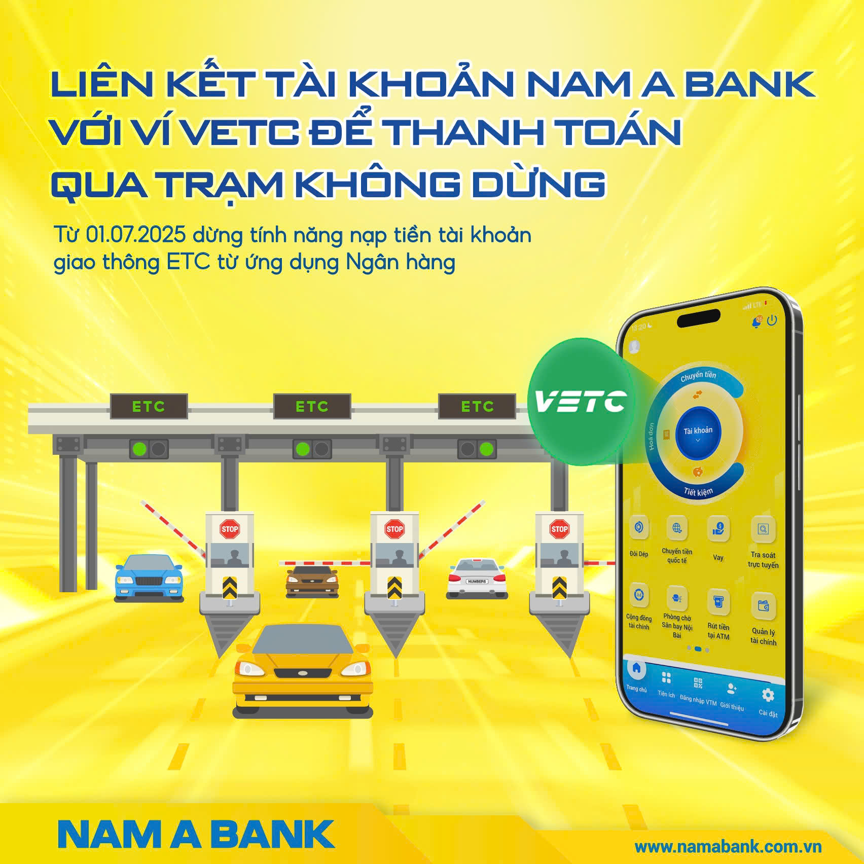 LIÊN KẾT TÀI KHOẢN NAM A BANK VỚI VÍ VETC ĐỂ THANH TOÁN QUA TRẠM KHÔNG DỪNG