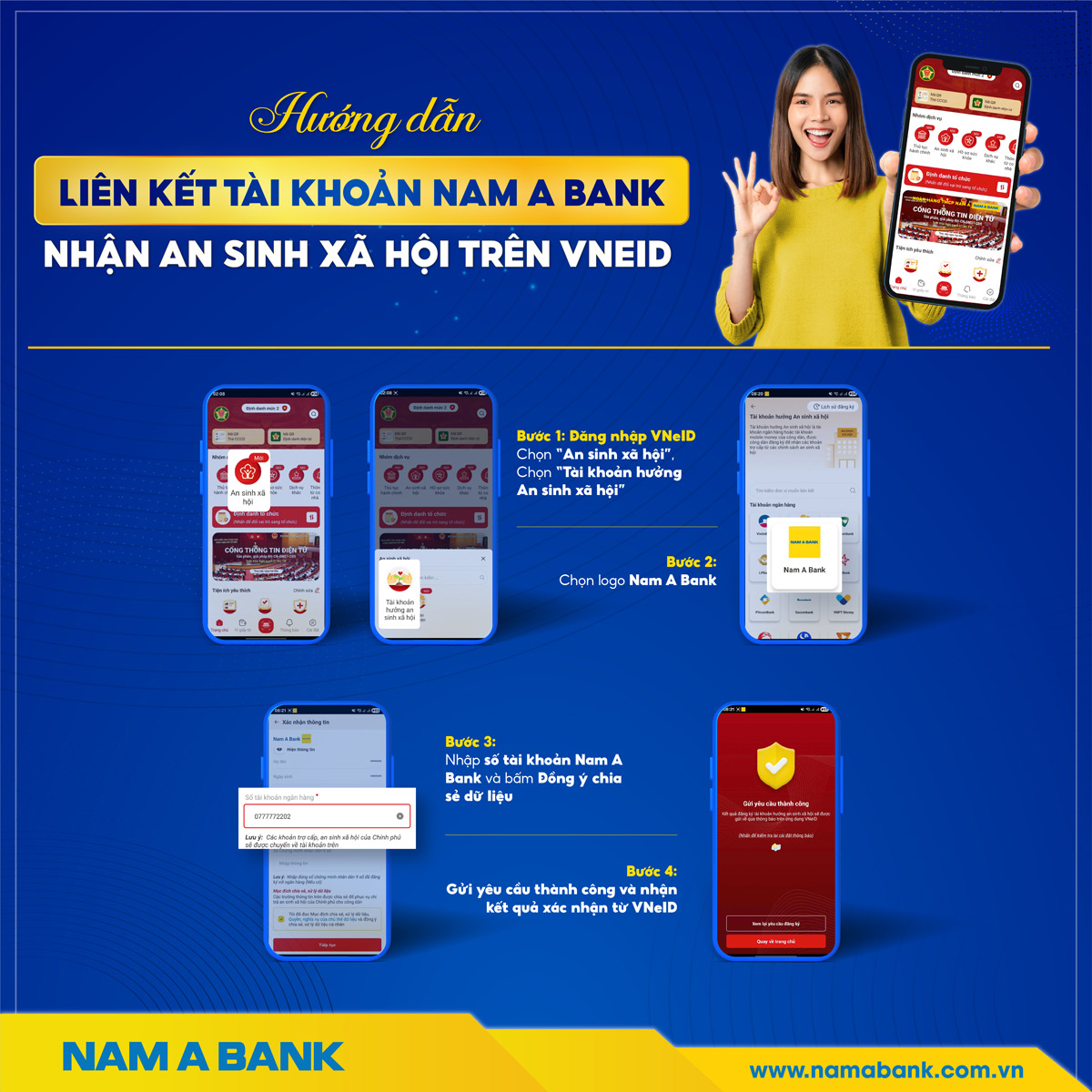 HƯỚNG DẪN LIÊN KẾT TÀI KHOẢN NAM A BANK ĐỂ NHẬN AN SINH XÃ HỘI TRÊN VNEID