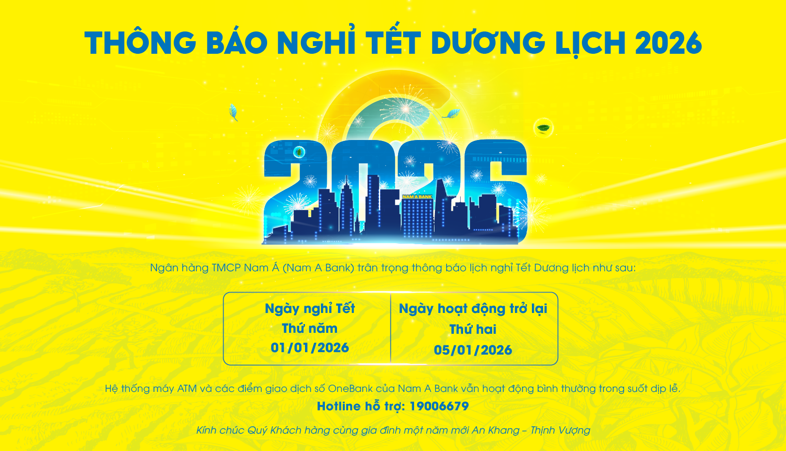 NAM A BANK THÔNG BÁO LỊCH NGHỈ TẾT DƯƠNG LỊCH 2026