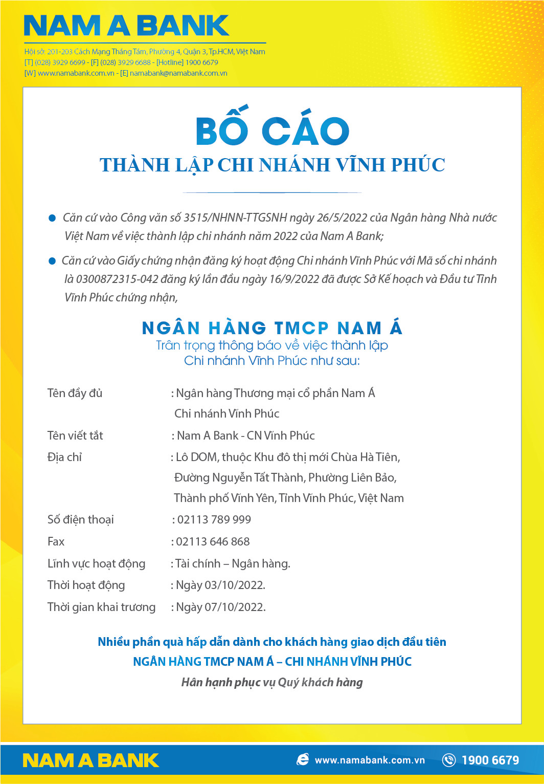 BỐ CÁO KHAI TRƯƠNG HOẠT ĐỘNG CHI NHÁNH VĨNH PHÚC